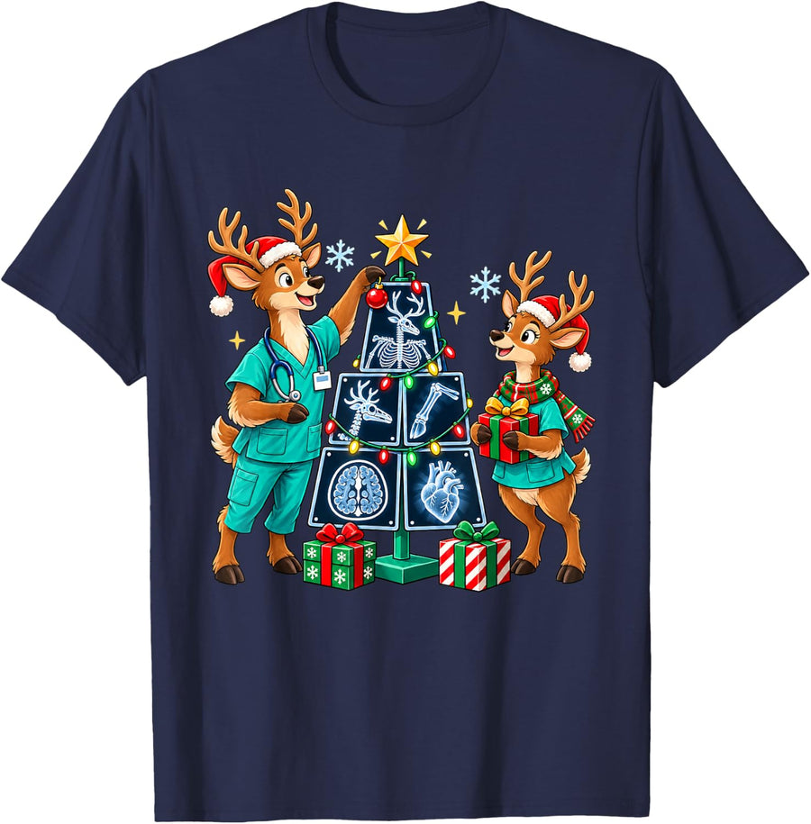 Funny Radiology Christmas Reindeer Santa CT Tech MRI Tech T-Shirt - Navy Blue