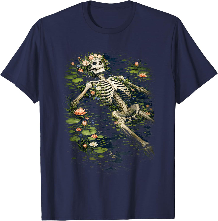 Floral Gothic Skeleton Death Dark Art Romantic Women Occult T-Shirt - Navy Blue