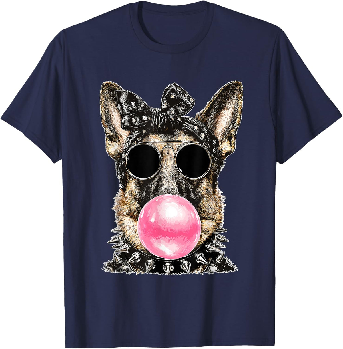 German Shepherd with Sunglasses Punk Animal Bubblegum Gothic T-Shirt - Navy Blue