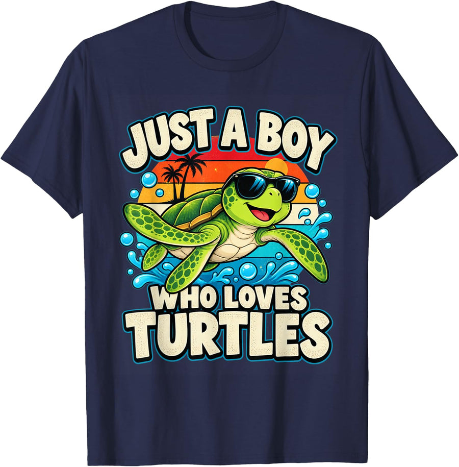 Just A Boy Who Loves Turtles Retro Sea Turtles Ocean Animal T-Shirt - Navy Blue