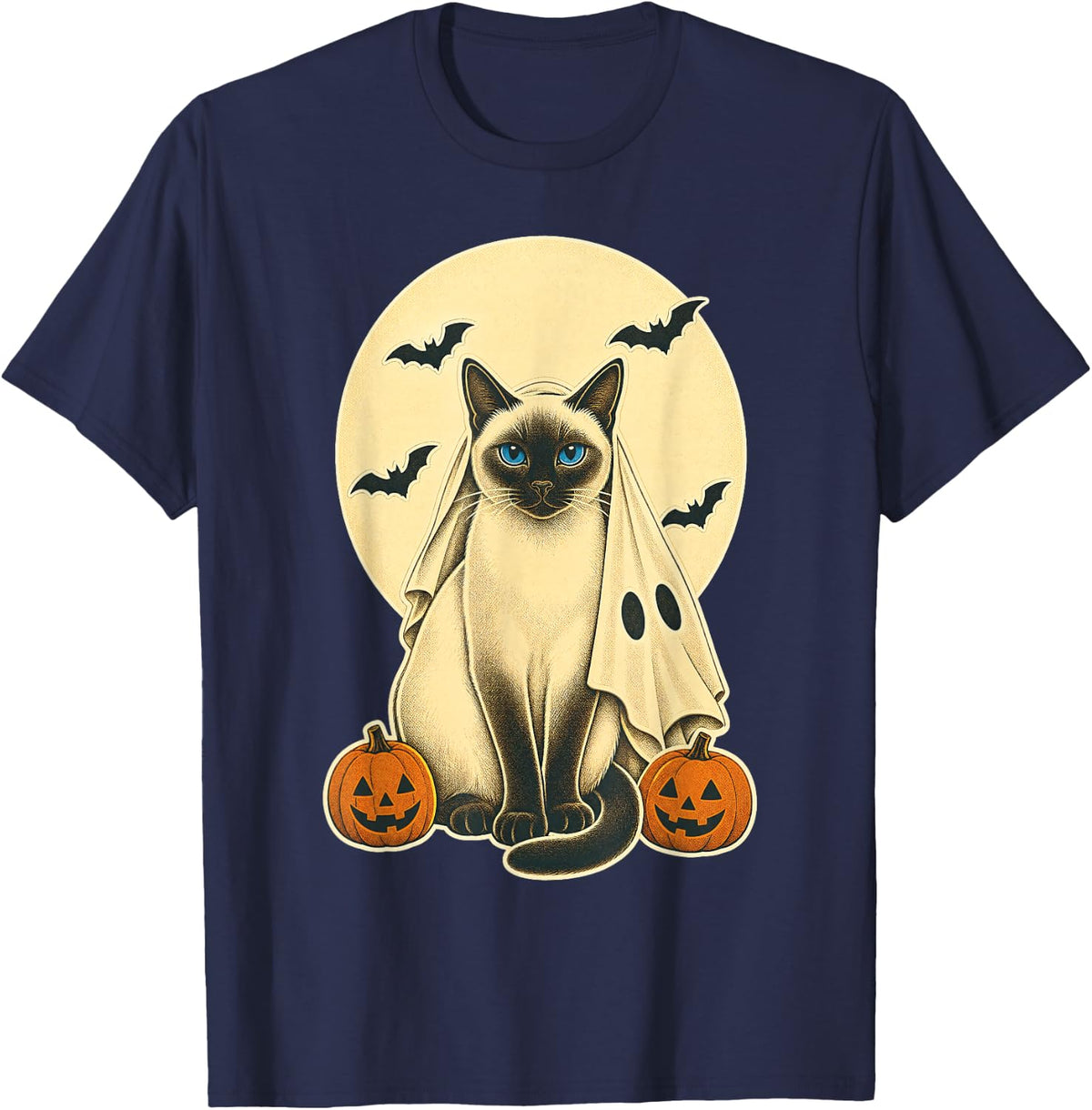 Halloween Siamese Cat Ghost Sheet Seal Point Moon T-Shirt - Navy Blue