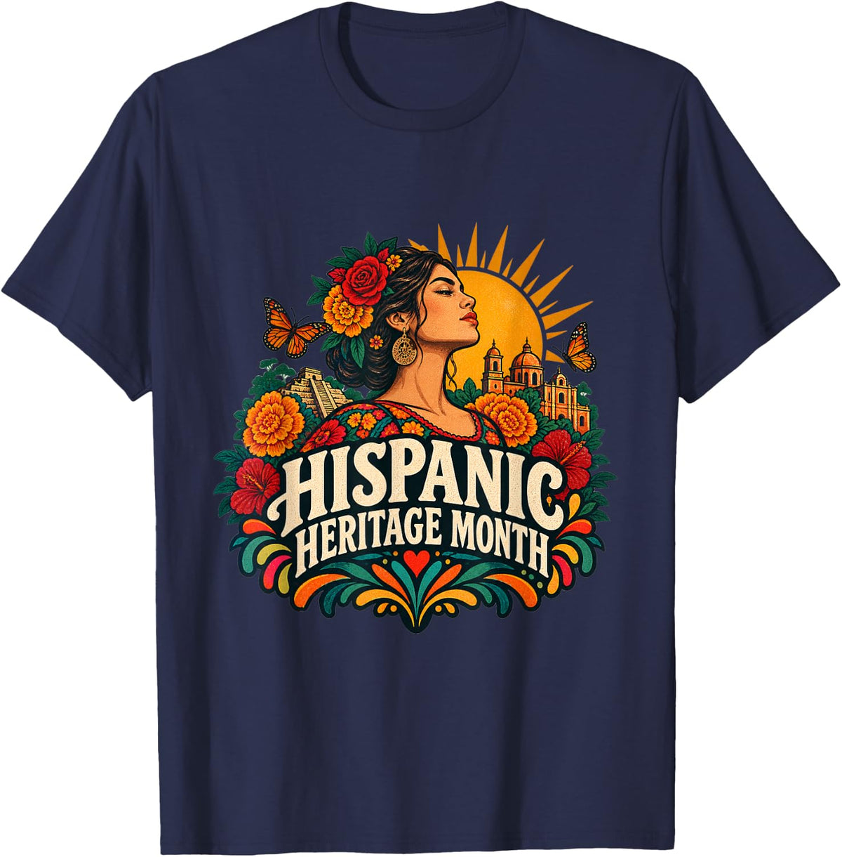 Hispanic Heritage Month Latina Pride Floral Women Design T-Shirt - Navy Blue