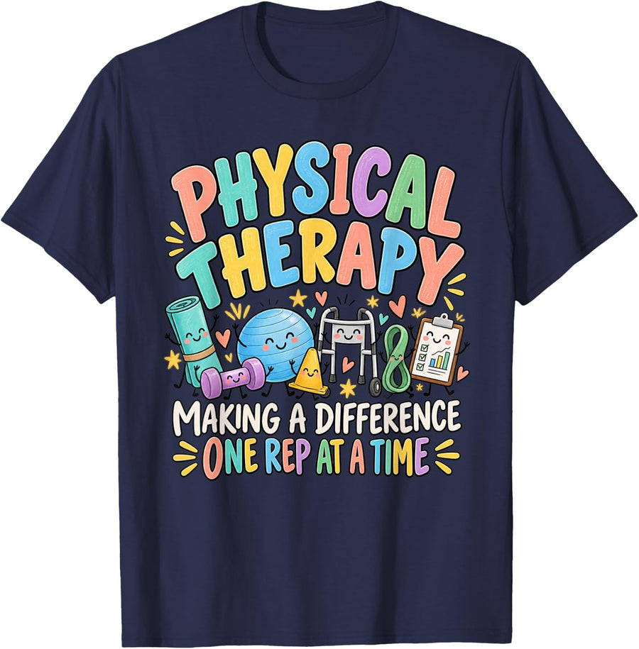 Physical Therapy PT Month Making Difference One Rep At Time T-Shirt - Navy Blue