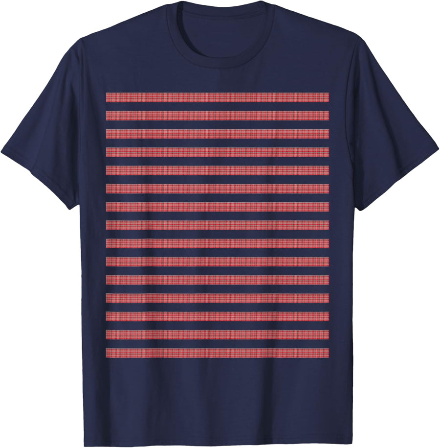 Red Buffalo Plaid and Striped Print Checks & Stripes Pattern T-Shirt - Navy Blue