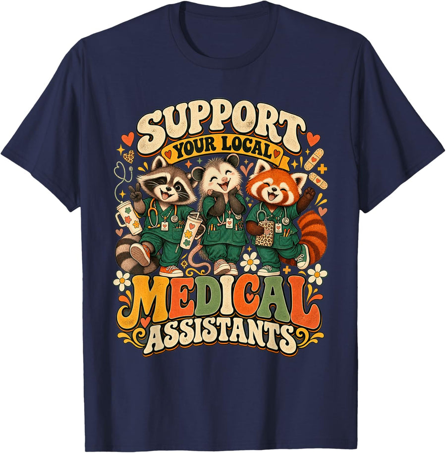 Support Your Local Medical Assistants Cute Animals Retro T-Shirt - Navy Blue