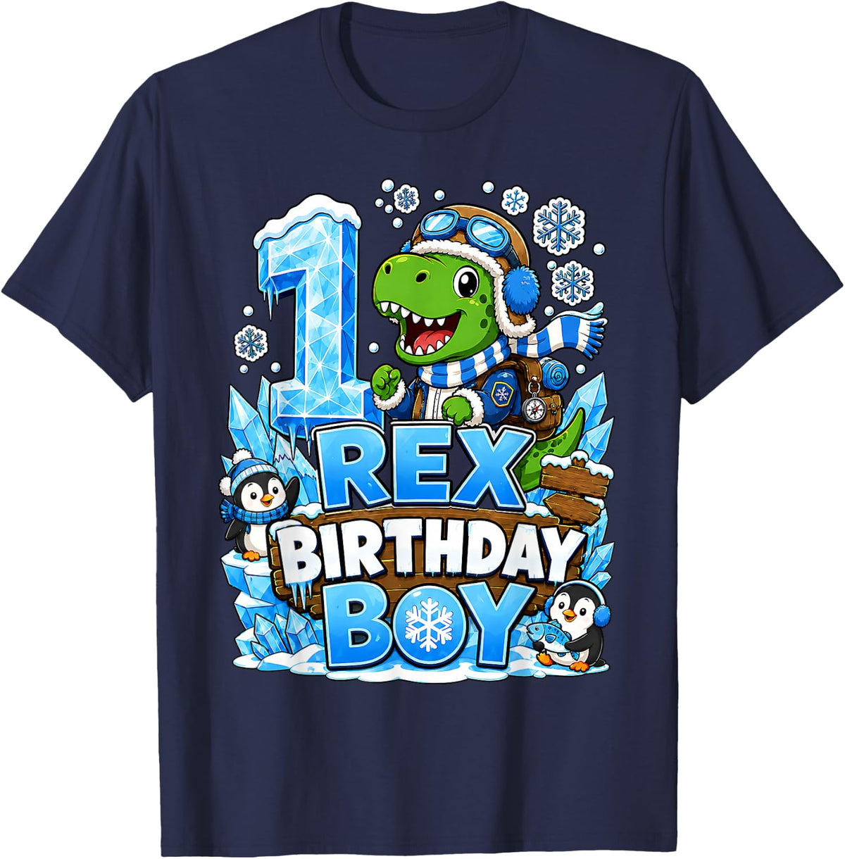 1st Birthday Dinosaur Winter Snow Penguin Boys 1 Year Old T-Shirt - Navy Blue