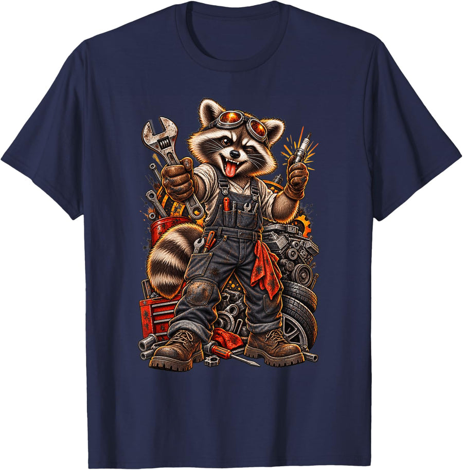 Funny Raccoon Mechanic Auto Repair Garage Technician T-Shirt - Navy Blue