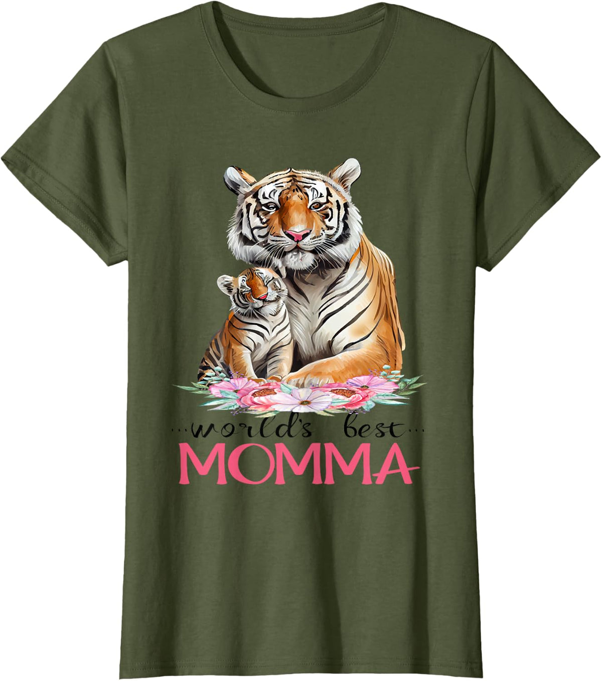 World's Best Momma Mom 2025 Pretty Floral Tiger & Cub T-Shirt - Olive Green