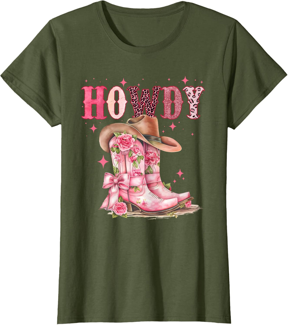 Howdy Southern Western Girl Country Rodeo Pink Cowgirl T-Shirt - Olive Green