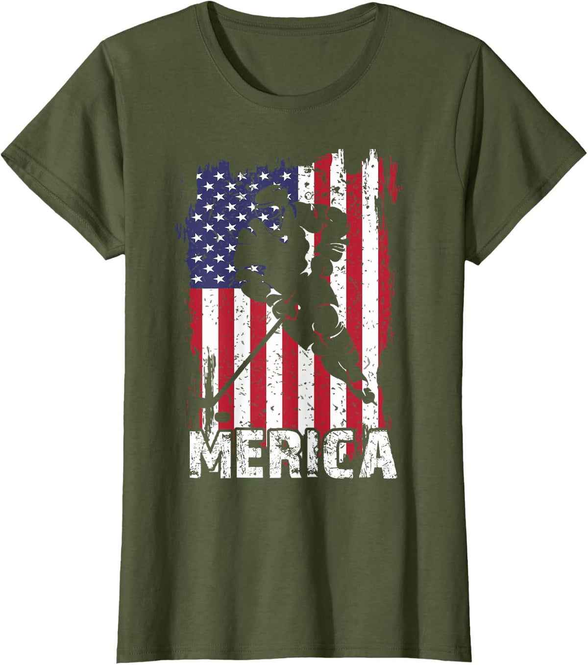 Merica 4th of July Shirt Hockey USA Flag Patriotic Boy Men T-Shirt - Olive Green