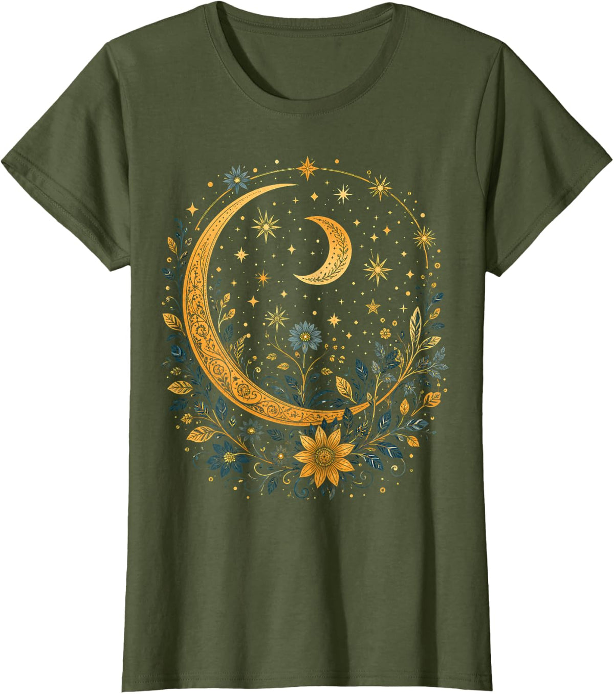 Mystic Sun and Moon Celestial Boho Moon Astrology T-Shirt - Olive Green