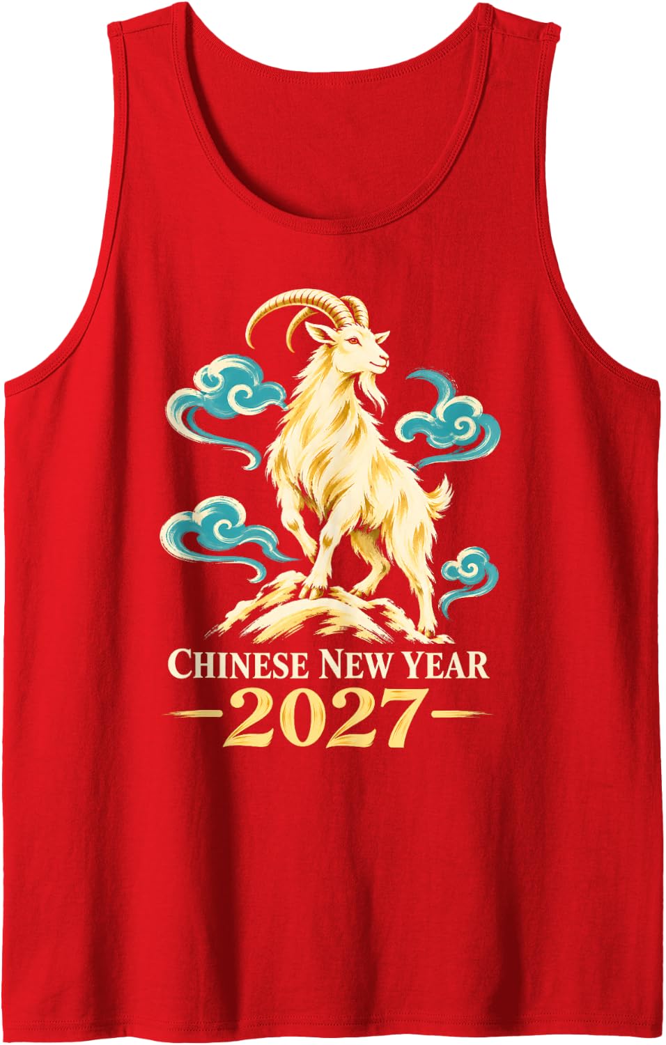 Chinese New Year 2027 Goat with Teal Clouds Sleeveless Tank Top - Red