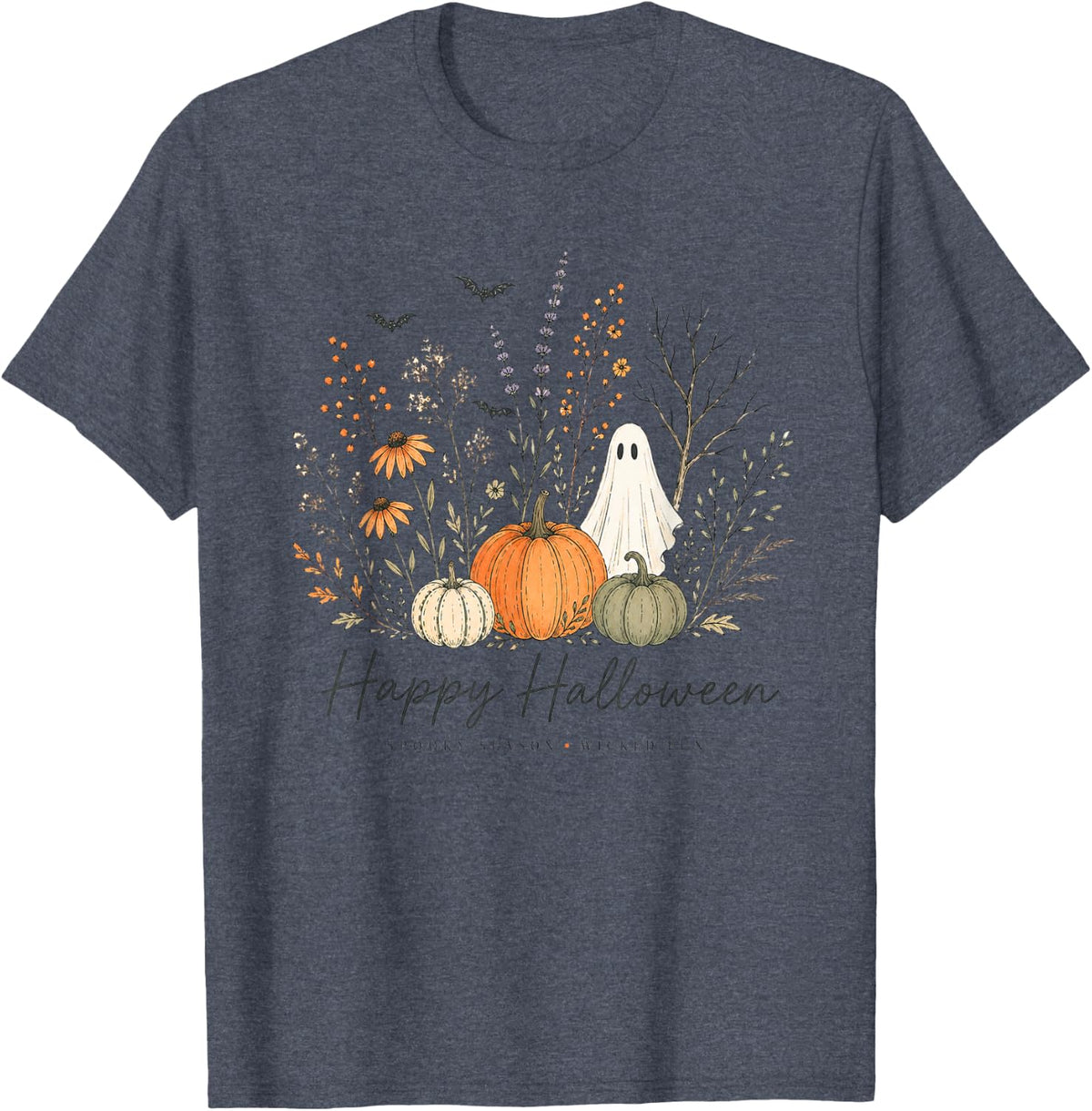 Pumpkins Ghost Spooky Season Floral Happy Halloween Women T-Shirt - Heather Blue