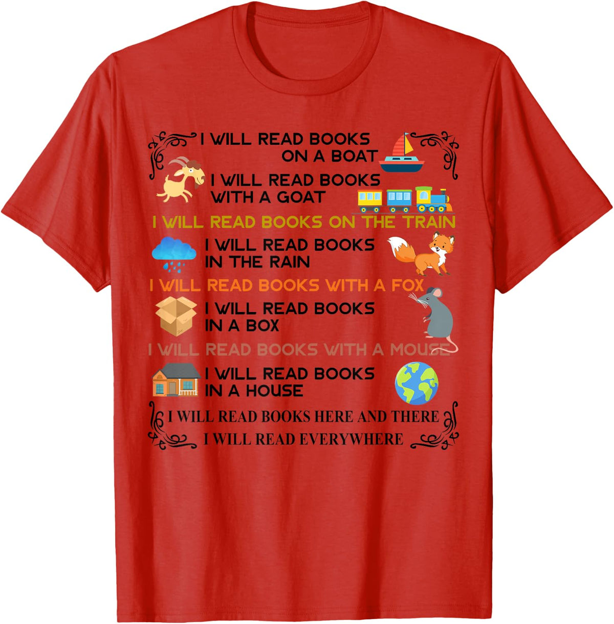 I Will Read Books On A Boat Everywhere Reading T-Shirt Tee for Book Lovers - Red