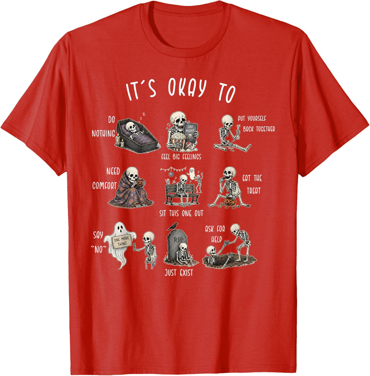 It's Okay to Mental Health Skeleton Halloween Social Worker T-Shirt - Red