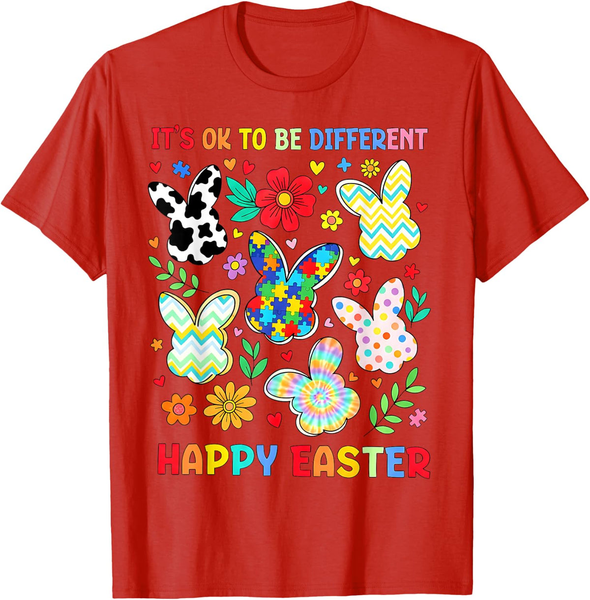 Happy Easter Autism Awareness Puzzle Bunny Spring Easter Day T-Shirt - Red