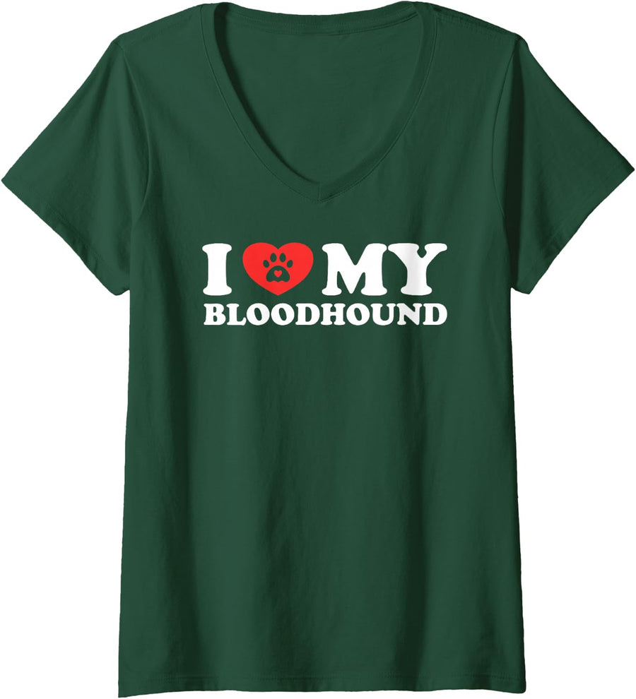 Women's I Love My Bloodhound Dog Paw with Heart V-Neck T-Shirt - Dark Green