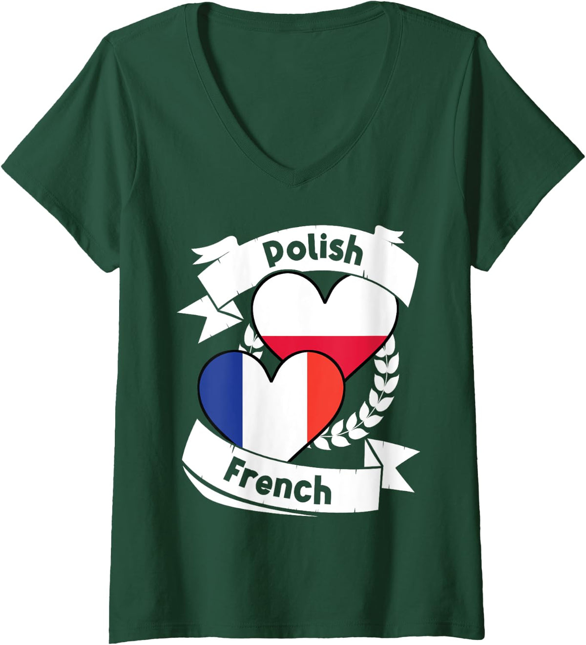 Womens Polish French Heart Flags Poland France V-Neck T-Shirt - Dark Green