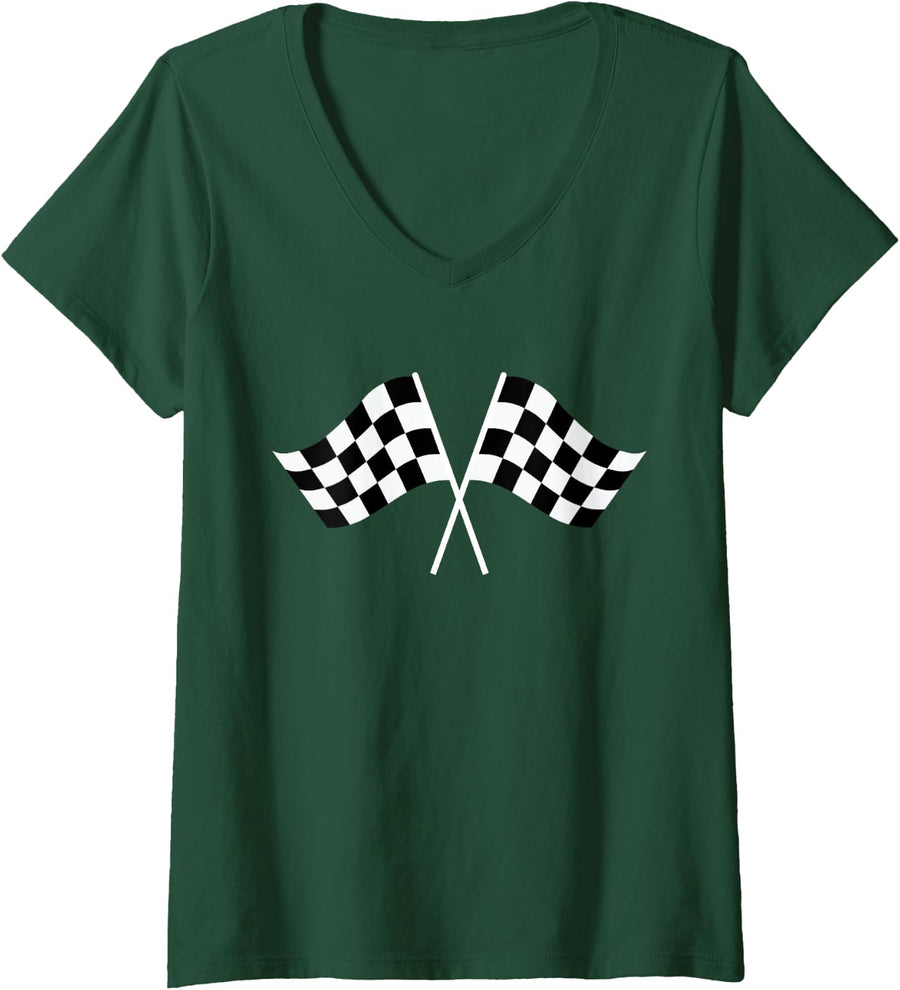 Womens Checkered Flag Racing V-Neck T-Shirt - Dark Green