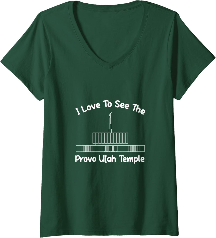 Women's Provo Utah Temple, I Love to See My Temple, Primary V-Neck T-Shirt - Dark Green