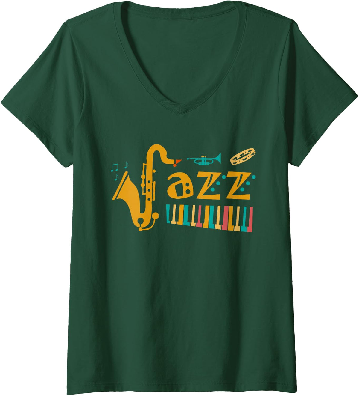 Women's Jazz Music Saxophone Piano Trumpet Retro Musician V-Neck T-Shirt - Dark Green