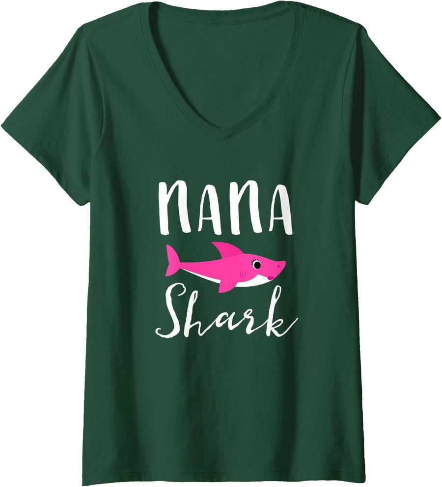 Womens Nana Shark Grandma Grandmother Pink Shark Graphic V-Neck T-Shirt - Dark Green