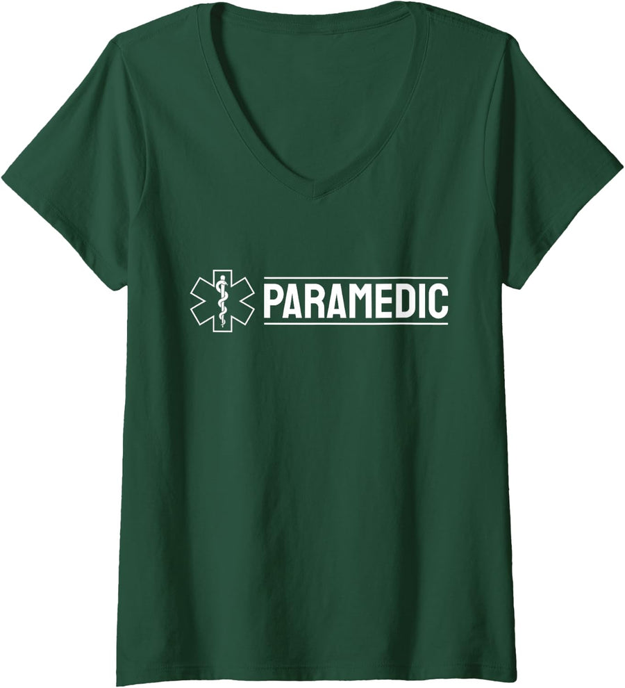 Women's Paramedic EMS Medical First Responder Symbol V-Neck T-Shirt - Dark Green