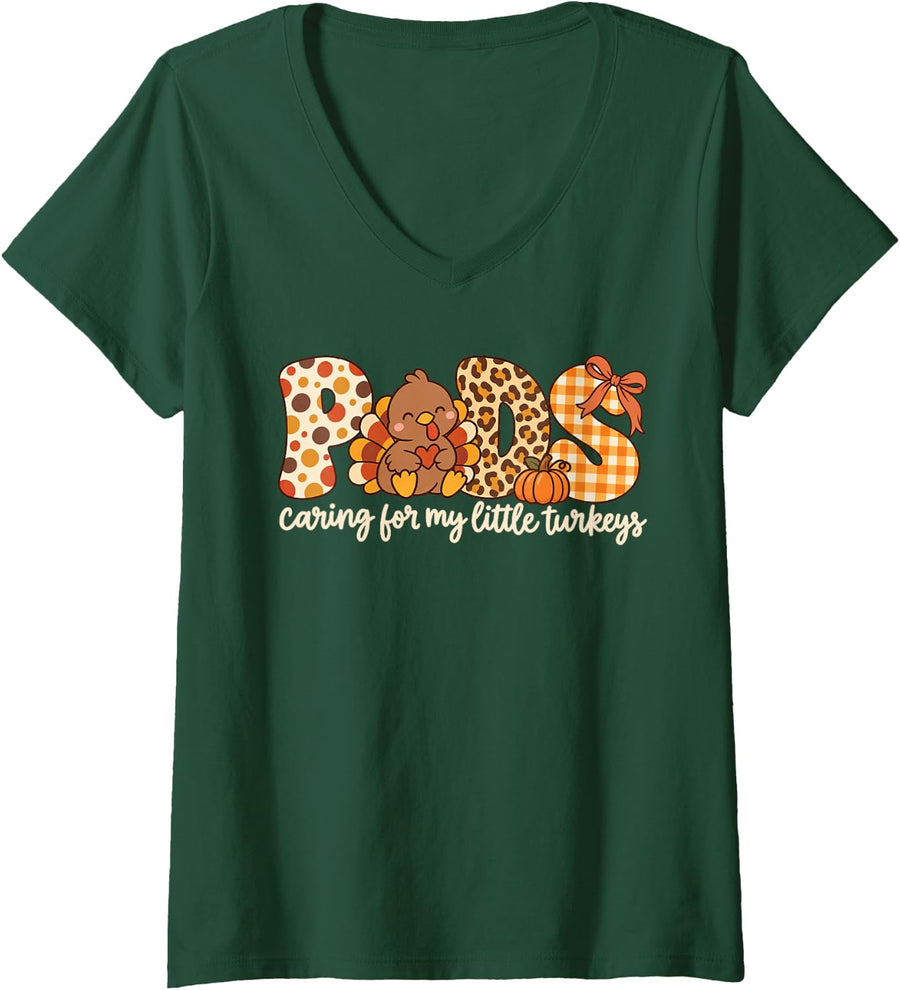 Women's Thanksgiving PEDS Nurse RN Caring for My Little Turkeys V-Neck T-Shirt - Dark Green
