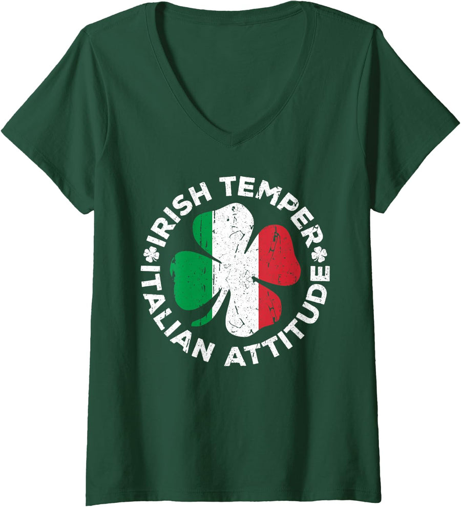 Women's Irish Temper Italian Attitude Shirt Funny St Patricks Day V-Neck T-Shirt - Dark Green