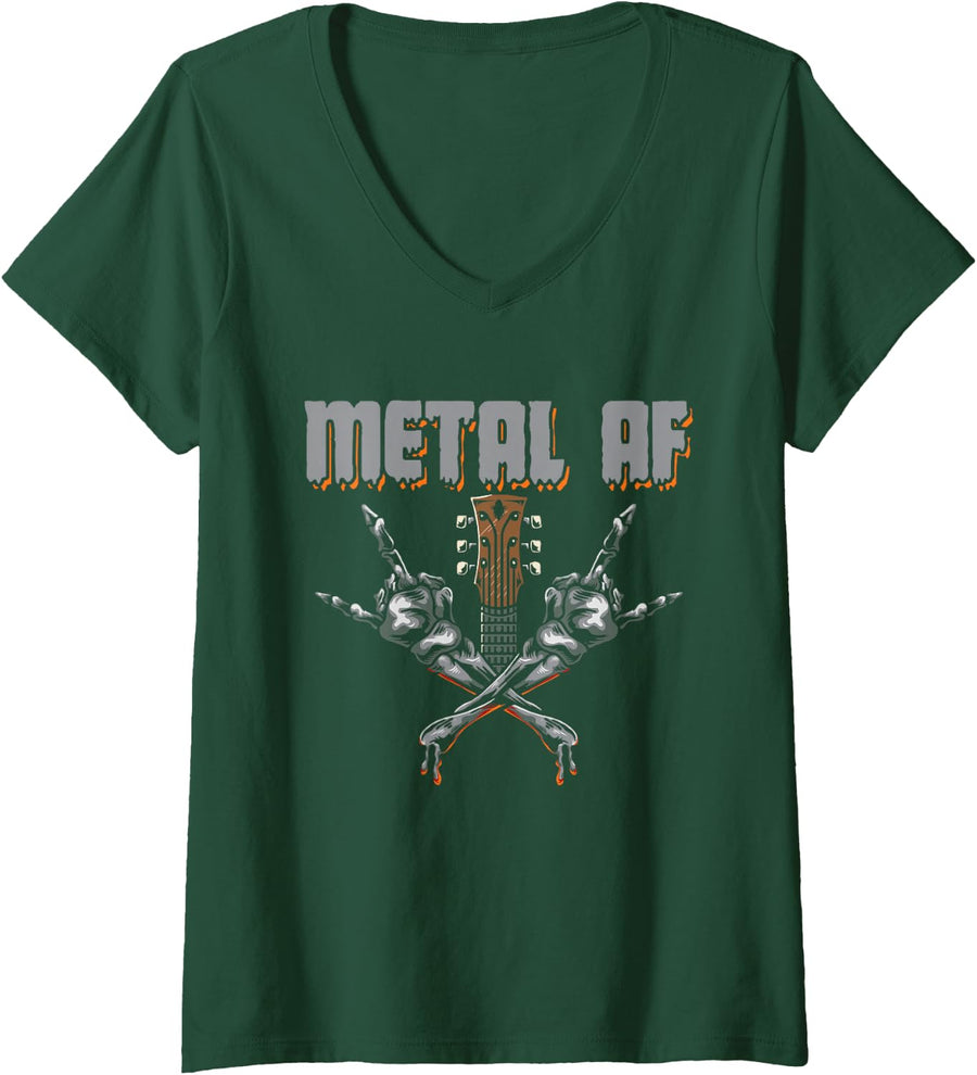 Women's Heavy Metal Music Metal AF Rock Hand Sign Metalhead Humor V-Neck T-Shirt - Dark Green