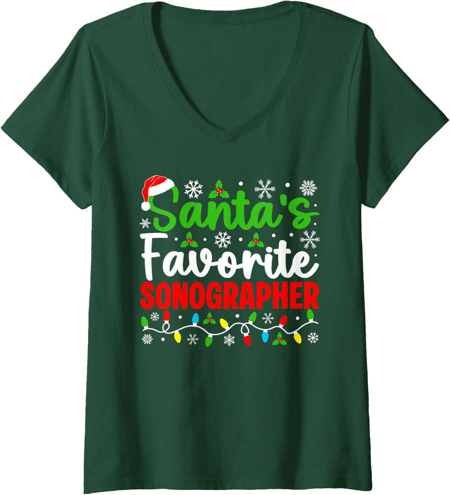 Women's Santa's Favorite Sonographer Funny Christmas V-Neck T-Shirt - Dark Green