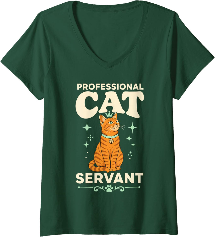 Women's Professional Cat Servant Orange Tabby Kitty Owner V-Neck T-Shirt - Dark Green