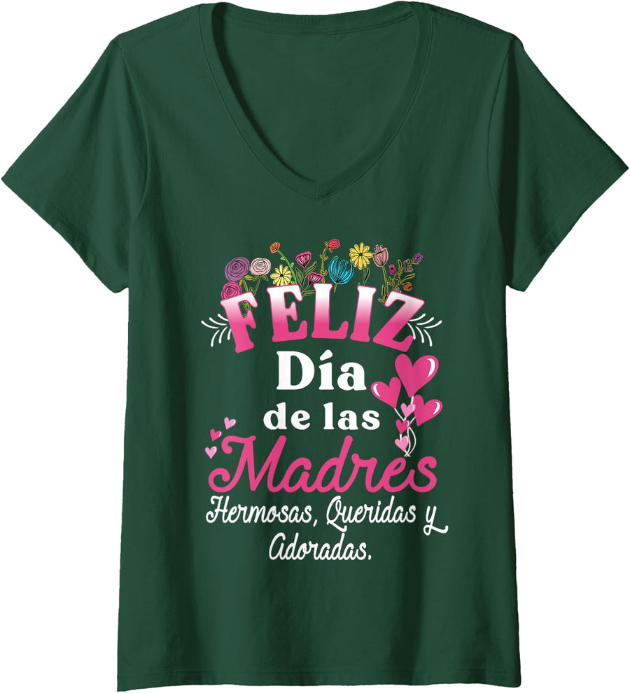 Womens Feliz Dia de las Madre in Spanish Mother's Day Floral Flower V-Neck T-Shirt - Dark Green