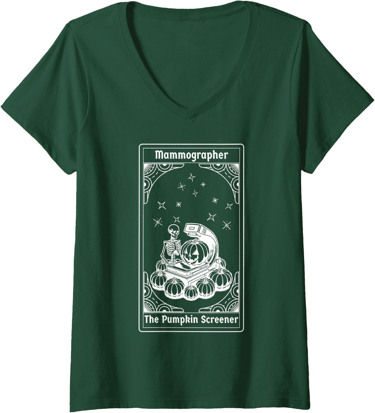 Women's Mammographer Skeleton Tarot Card Radiography Tech Halloween V-Neck T-Shirt - Dark Green