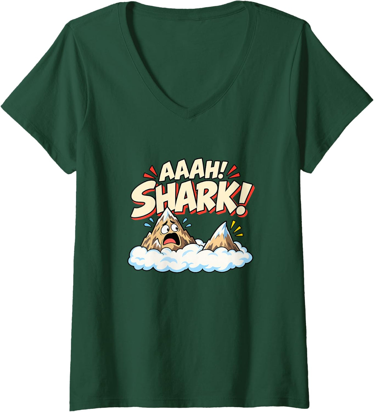 Women's Humor Mountain Shark Visual Frightened Mountains V-Neck T-Shirt - Dark Green