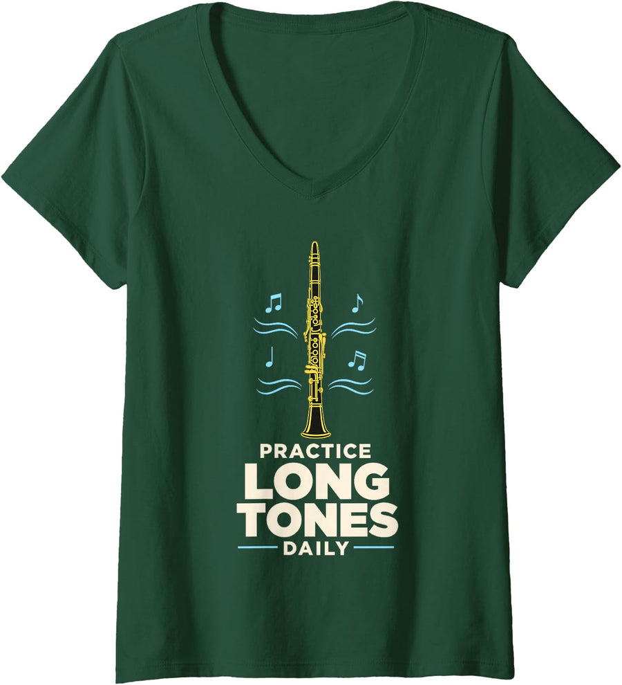 Women's Practice Long Tones Daily Clarinet Musician Player V-Neck T-Shirt - Dark Green