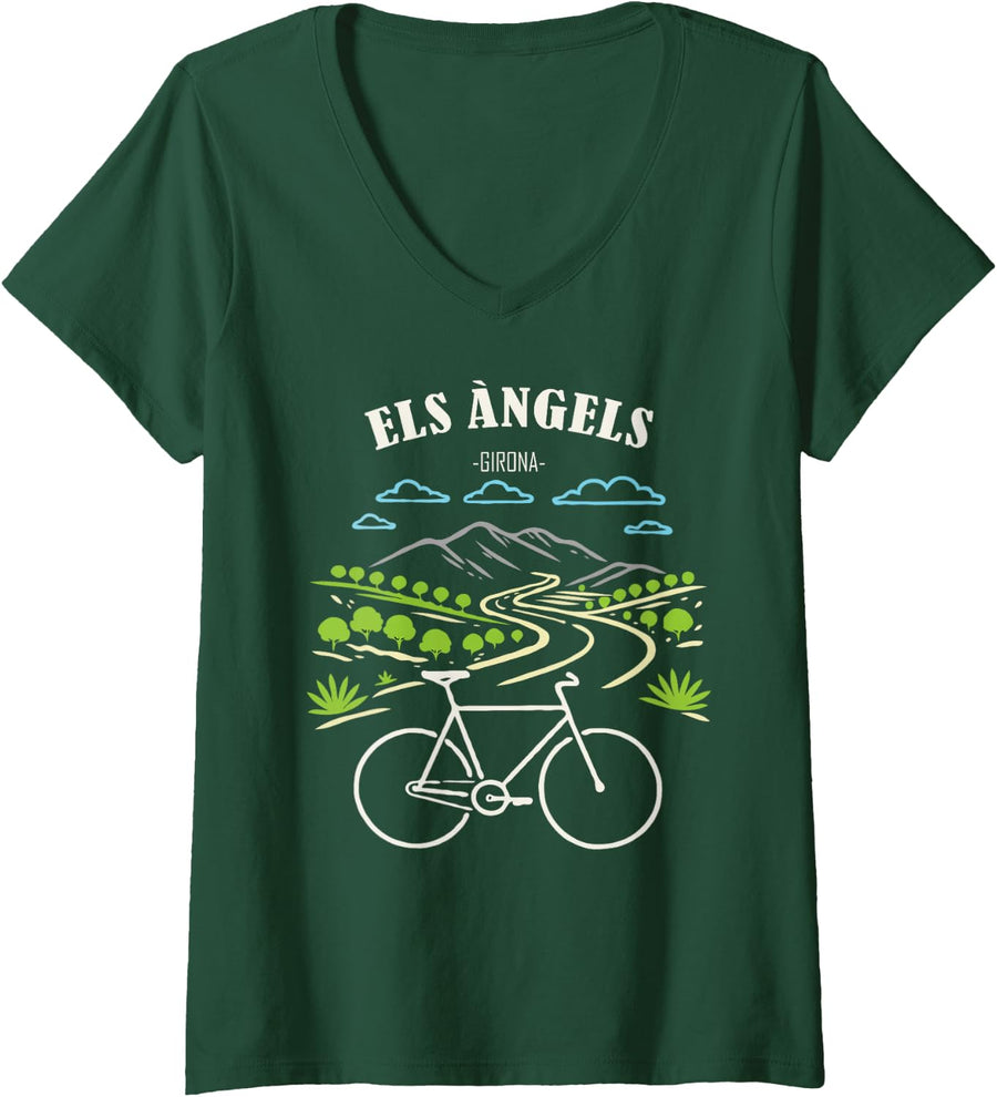 Women's Els Àngels Girona Road Cycling Bicycle Cyclist V-Neck T-Shirt - Dark Green