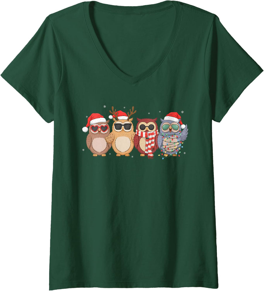 Women's Cute Owl Baby Funny Santa Hat Christmas Lights Holiday Xmas V-Neck T-Shirt - Dark Green