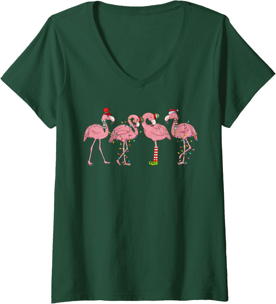 Women's Christmas Flamingo Print Flamingo Lover Christmas Light Xmas V-Neck T-Shirt - Dark Green