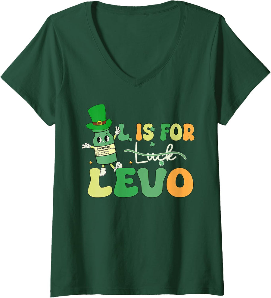 Women's L is for Levo St Patrick's Day Pharmacist CRNA ICU ER Nurse V-Neck T-Shirt - Dark Green