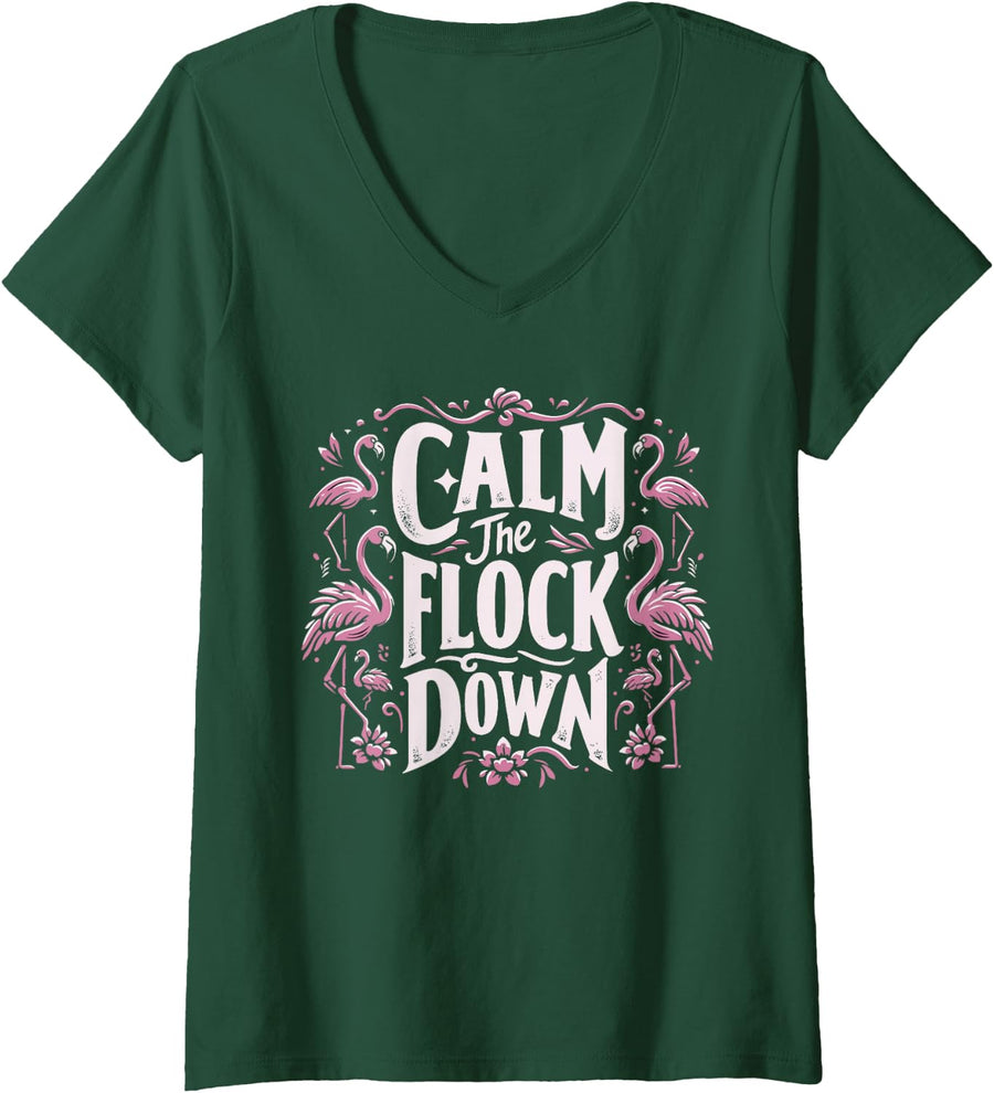 Women's Funny Pink Flamingos Calm Flock Down Flamingo V-Neck T-Shirt - Dark Green