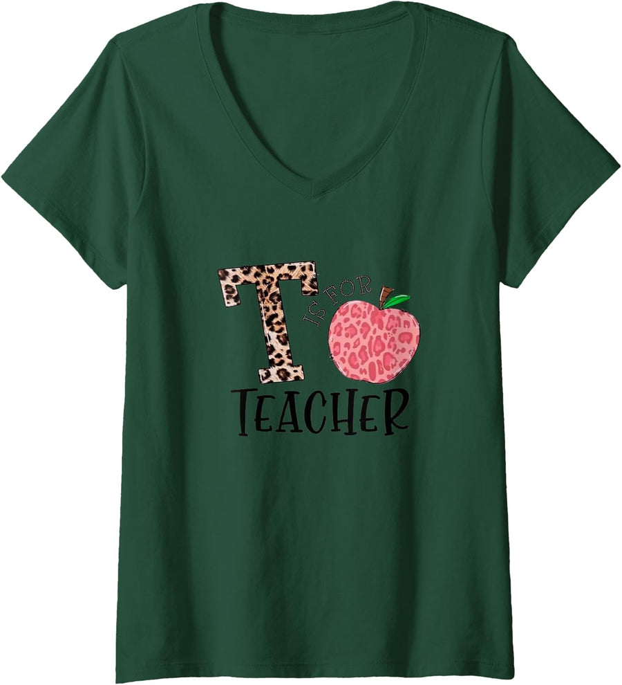 Women's T is for Teacher, Back to School Apple, and Leopard V-Neck T-Shirt - Dark Green