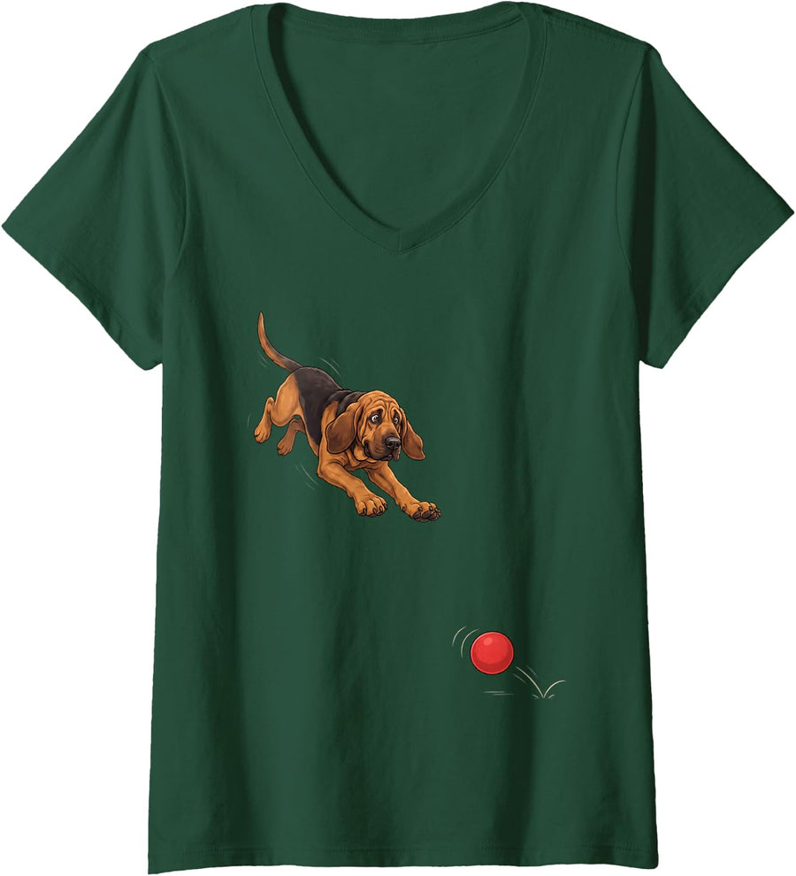 Women's Funny Bloodhound Chasing Ball Dog Humor V-Neck T-Shirt - Dark Green