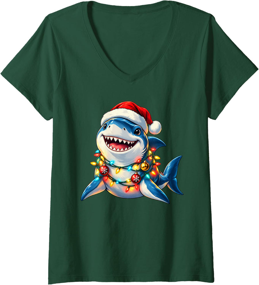 Women's Shark Christmas Lights Xmas V-Neck T-Shirt - Dark Green