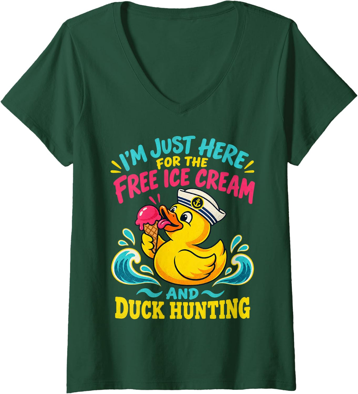 Women's Duck Hunting Retro Screen Print Duck Lover V-Neck T-Shirt - Dark Green