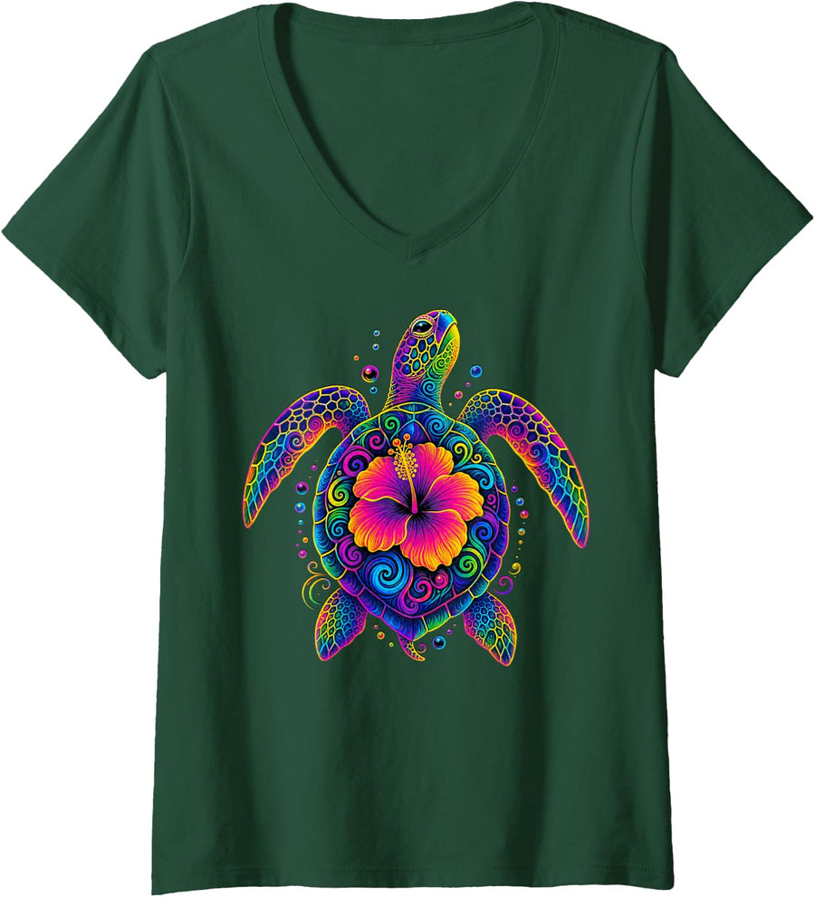 Women's Sea Turtle with Hibiscus Flower V-Neck T-Shirt - Dark Green