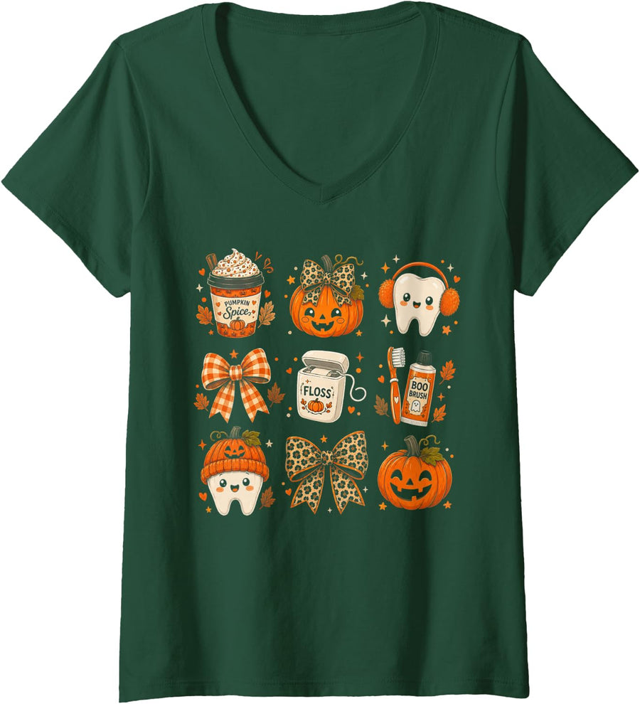 Women's Tooth Pumpkin Bow Dental Hygienist Fall Dentist Halloween V-Neck T-Shirt - Dark Green