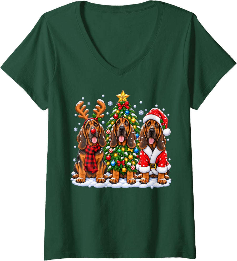 Women's Bloodhound Dog Merry Christmas Santa Hat Holidays Xmas V-Neck T-Shirt - Dark Green