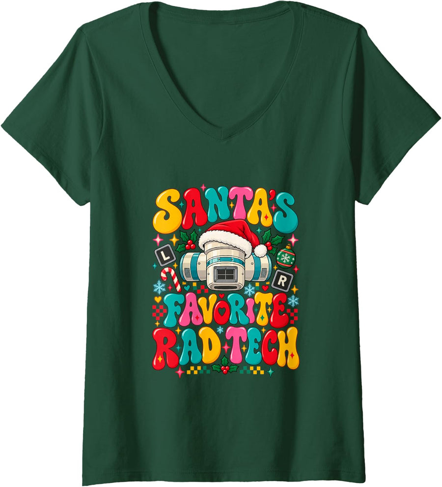 Women's Santa's Favorite Rad Tech Christmas Radiology CT MRI V-Neck T-Shirt - Dark Green
