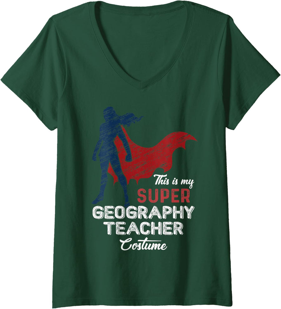 Women's This is My Super Geography Teacher Costume Halloween V-Neck T-Shirt - Dark Green
